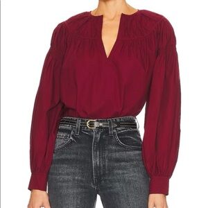 Ulla‎ Johnson Ora V-Neck Bishop Sleeve Blouse in Bordeaux